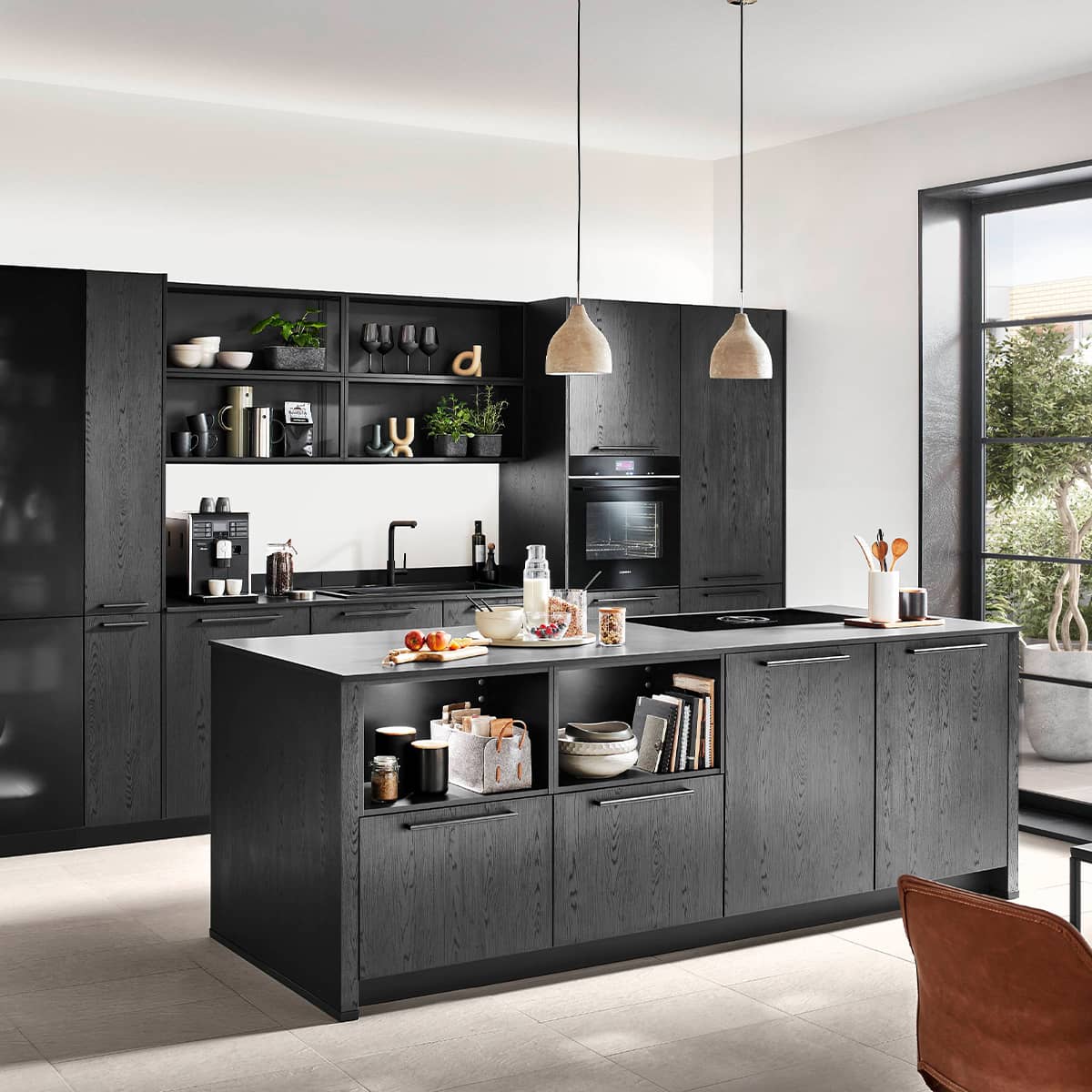 Contemporary nobilia Structura kitchen in Nero Oak black woodgrain finish with open shelving and an integrated breakfast bar island.