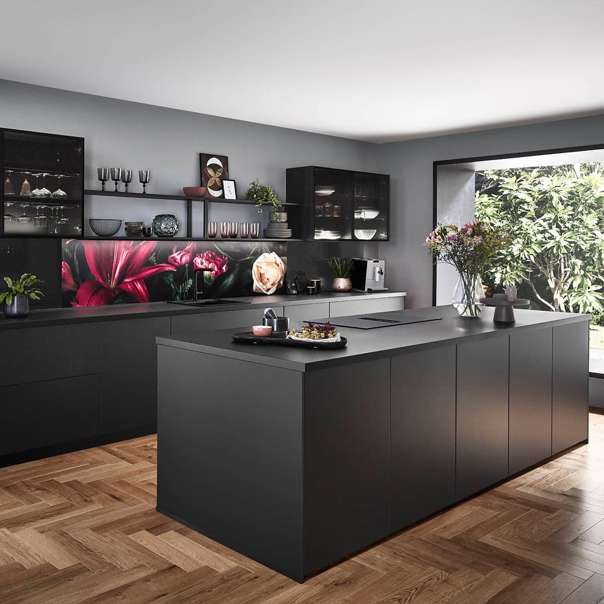 Luxury TOUCH 340 black supermatt kitchen island with "Iconic Flowers" floral backsplash and industrial open shelving.