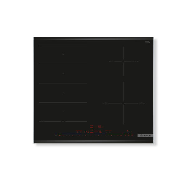 Bosch PXE675DC1E 60cm Induction Hob with black ceramic surface, FlexInduction zones, and DirectSelect Premium touch control.