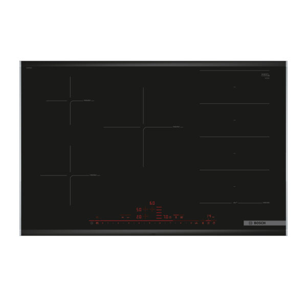 Bosch PXV875DC1E built-in induction hob with 5 zones, including FlexInduction and PowerBoost, featuring a black ceramic surface.