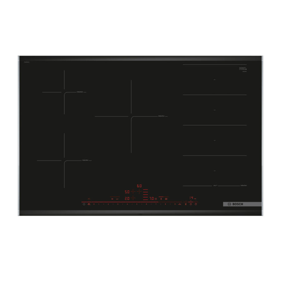 Bosch PXV875DC1E built-in induction hob with 5 zones, including FlexInduction and PowerBoost, featuring a black ceramic surface.