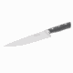 Virtuoso chef knife with stainless steel blade and grey riveted handle displayed on a white background.