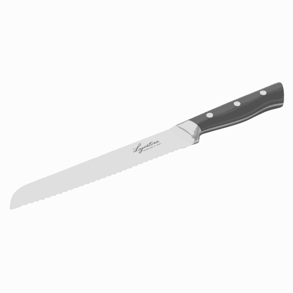 Virtuoso bread knife with serrated stainless steel blade and grey riveted handle shown on a white background.
