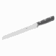 Virtuoso bread knife with serrated stainless steel blade and grey riveted handle shown on a white background.