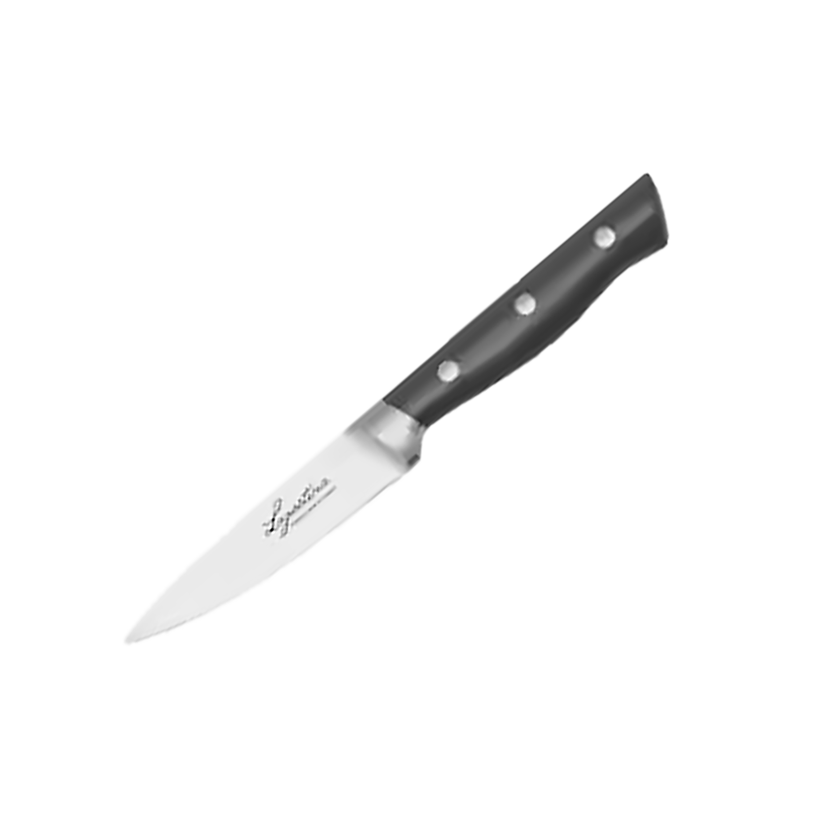 Stainless steel paring knife with a sharp pointed blade and a black ergonomic triple-riveted handle, isolated on a transparent background.