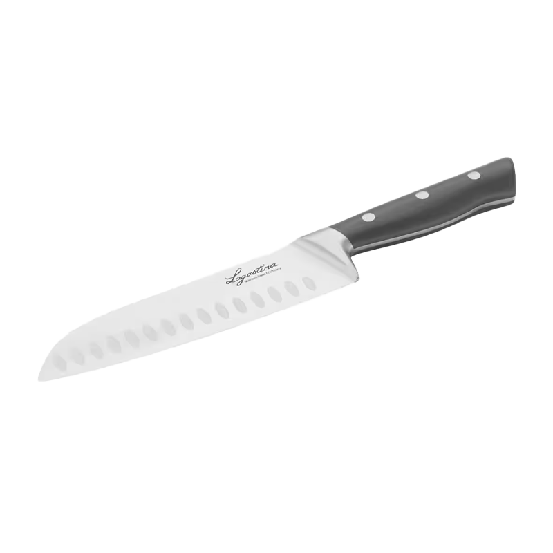 Stainless steel Santoku chef's knife with a granton edge and a black ergonomic triple-riveted handle, isolated on a transparent background.