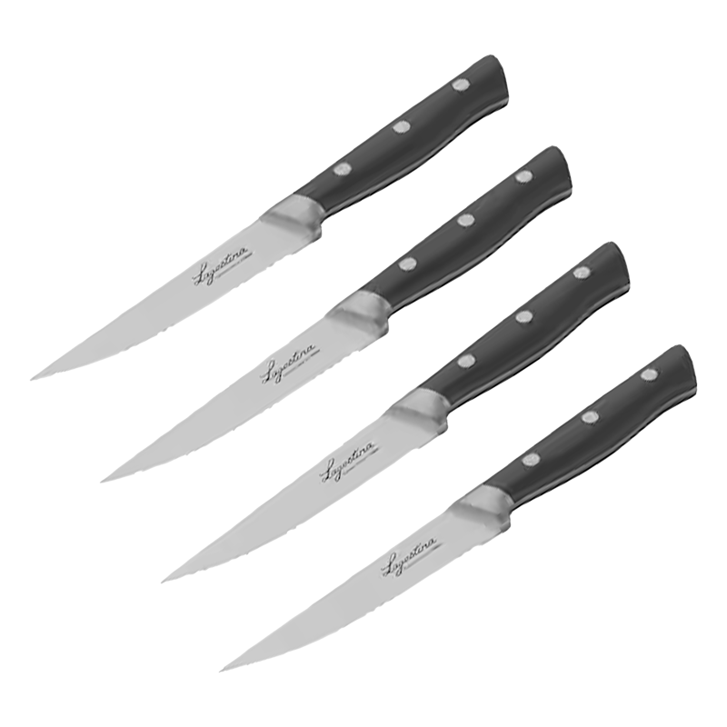 Set of four stainless steel steak knives with black triple-riveted ergonomic handles, arranged diagonally on a transparent background.