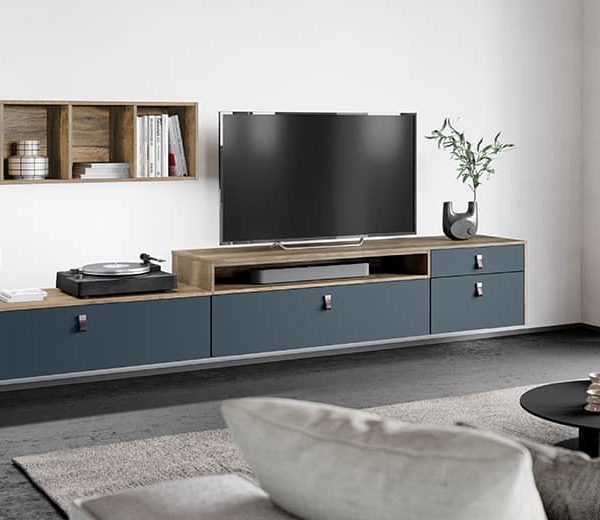 Modern TV unit in dark blue and oak coloured wood