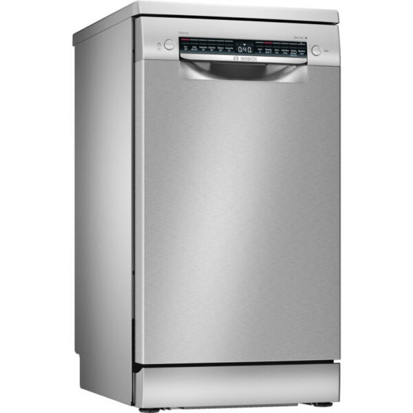 Bosch SPS4EMI24E slimline dishwasher in stainless steel finish, featuring a compact design, digital controls, and eco-friendly operation.