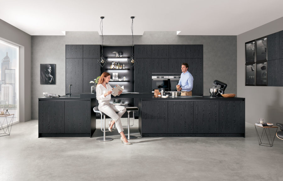 Nobilia Structura kitchen in black with led highlights in an bright open plan space