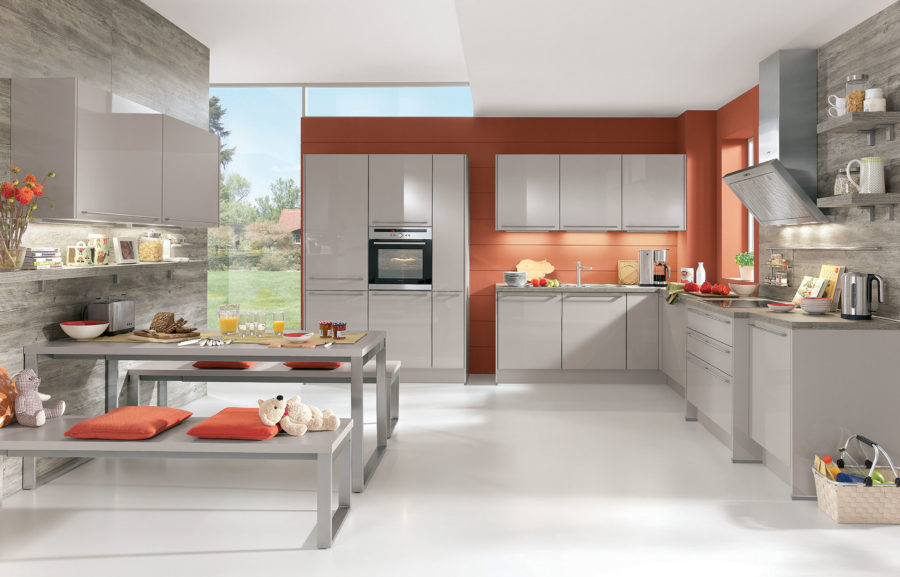 Nobilia Focus Kitchen in lacquer sand in large open space.