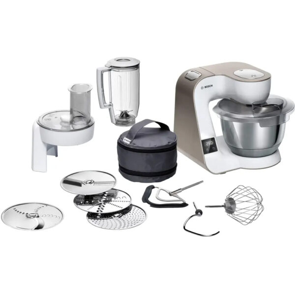 Bosch MUM5XW20 Kitchen Machine with 3.9L stainless steel bowl, integrated scale, and versatile accessories in white