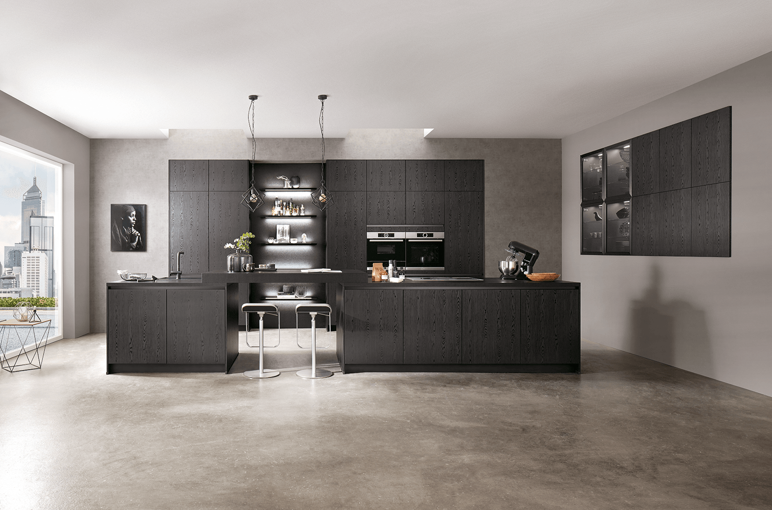 Nobilia Structura 403 open plan Kitchen in black with led light accents