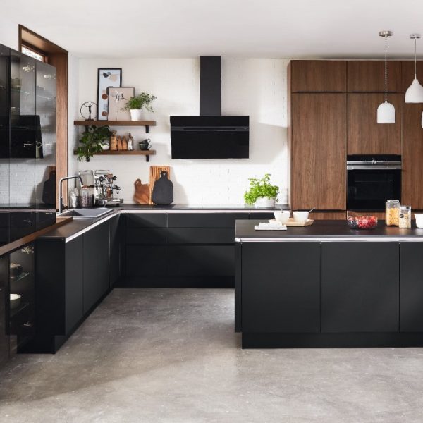 Riva Kitchen by Nobilia in Lacquered black and walnut including LED accents.