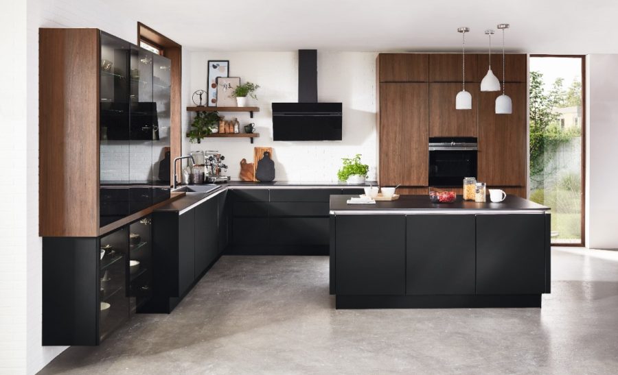 Riva Kitchen by Nobilia in Lacquered black and walnut including LED accents.