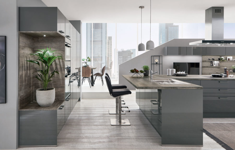 Nobilia Flash Kitchen in Lacquered Slate Grey with large island and storage in an open plan space.