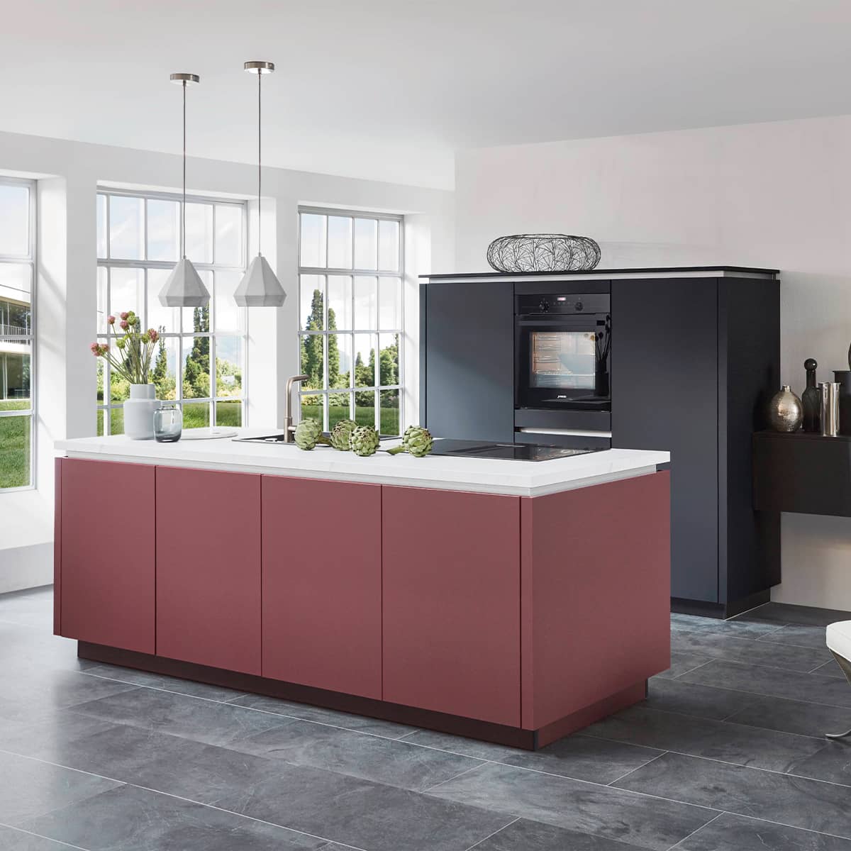 Easytouch 963 Rusty Red Rusty Red kitchen island with dark cabinetry and large windows providing natural light.