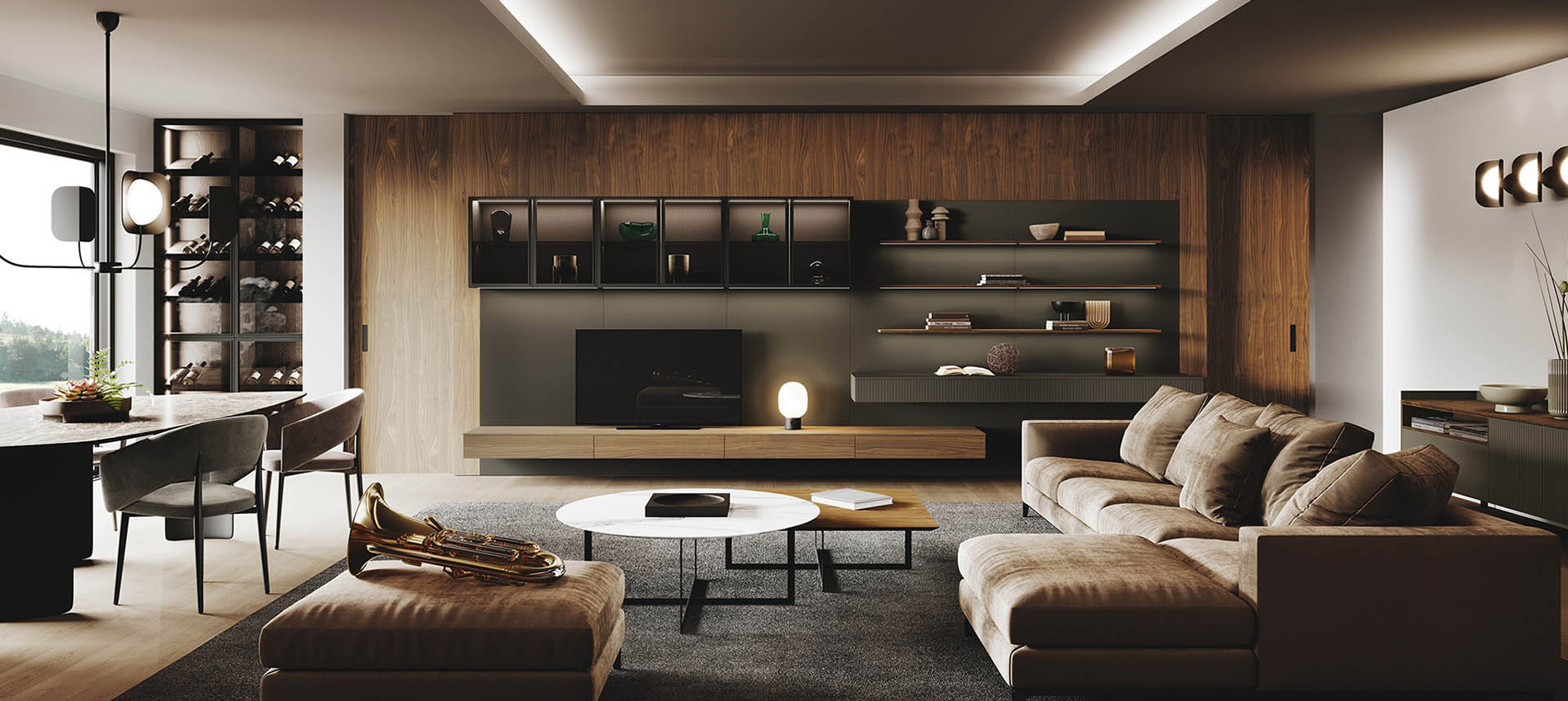 Modern TV and Wall unit in grey and walnut