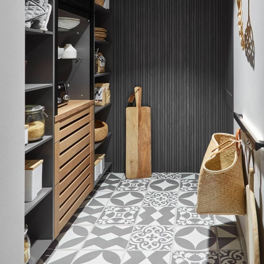 A classic and traditional look with touch of modern for an enclosed utility or pantry room.