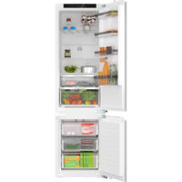 Bosch KIN96VFD0 built-in fridge-freezer, integrated into kitchen units, doors closed, showing increased height, VarioShelf, & LED lighting.