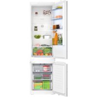 KIN96NSE0 Bosch KIN96NSE0 built-in fridge-freezer, integrated into kitchen units, doors closed, showing increased height, and interior LED lighting.