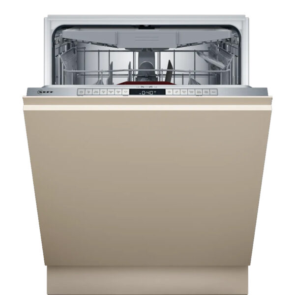 Frontal view of Neff S175HCX00E dishwasher with door slightly open, revealing sleek interior design.