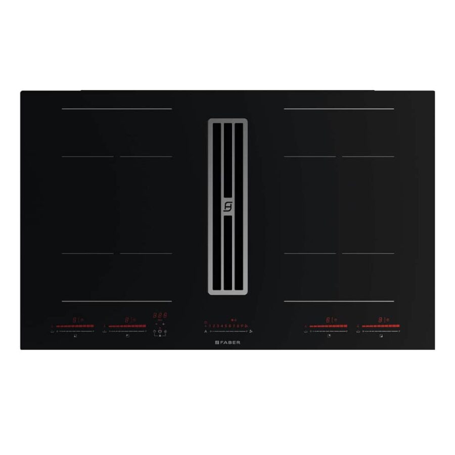 Faber Galileo Bold F830 venting hob with forged aluminum grille, LED controls, and four induction cooking zones.
