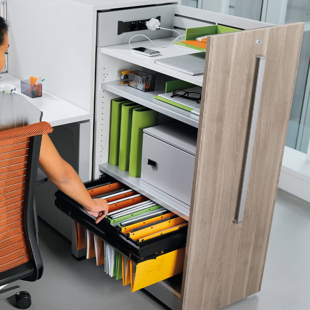 High density filing cabinet with hanging files and power supply