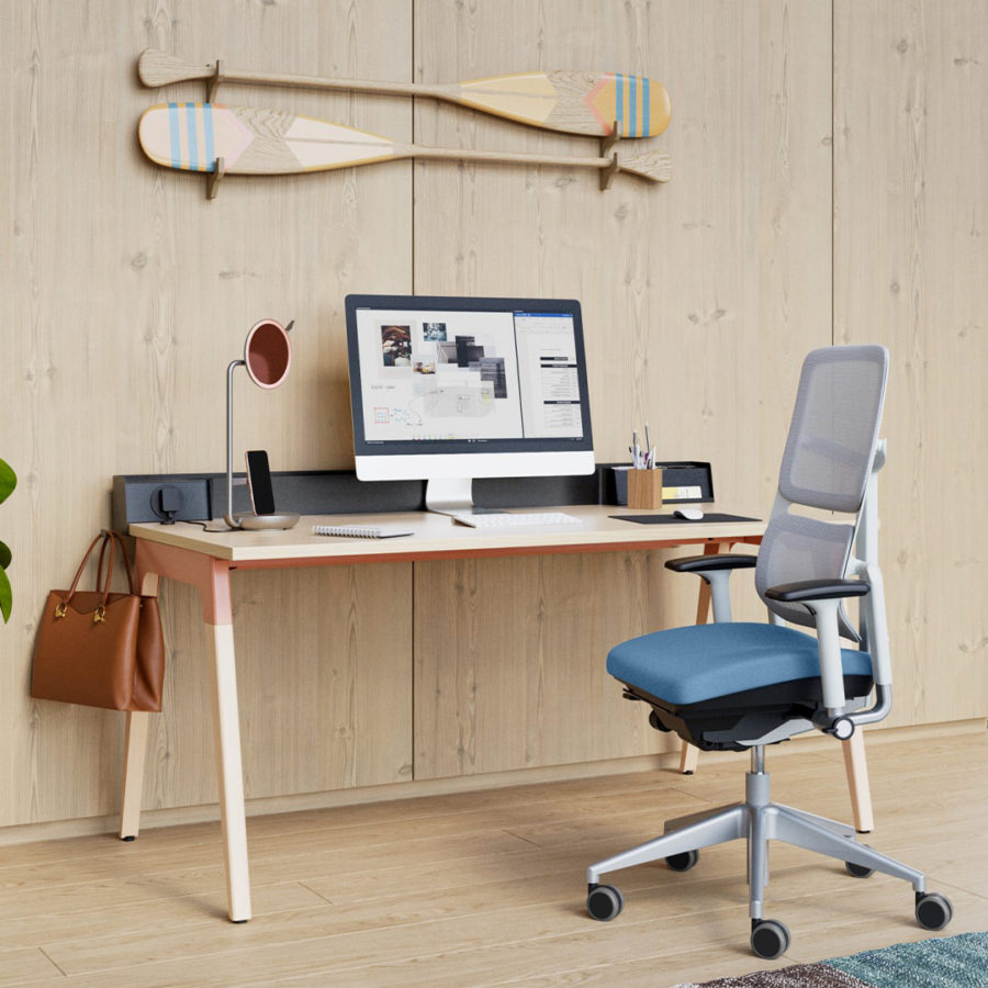 Steelcase Lares desk with wooden legs and custom accent colour
