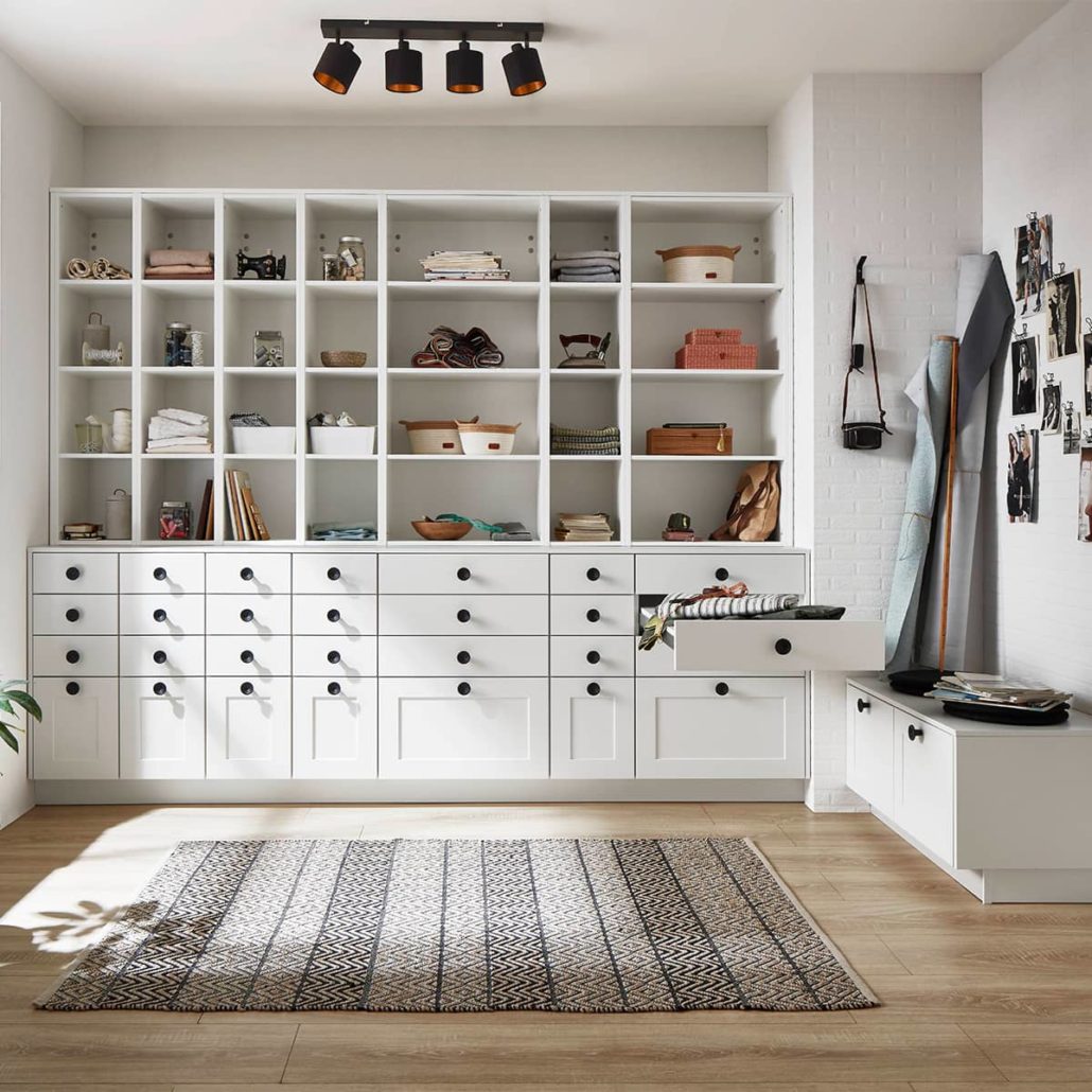 Classic white shelving and drawer unit