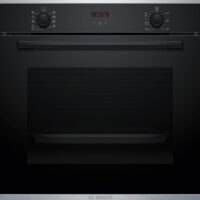 Bosch HBA214EB3 built-in oven, black glass and brushed steel, showcasing 3D Hot Air technology