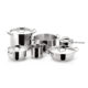 10-piece Sfiziosa Cookware Set made of 18/10 stainless steel with wide handles and Lagoseal Plus base, suitable for induction, gas, and oven use