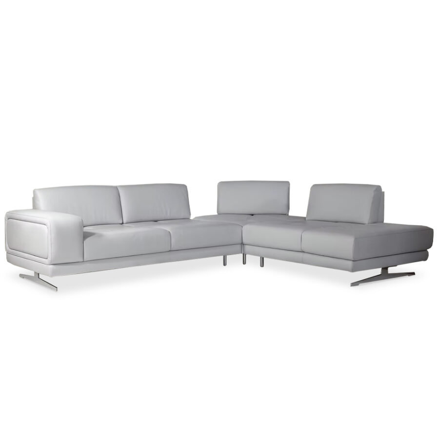 A modern L-shaped sofa from Rosso Divani in white leather, featuring adjustable backrests, tufted seat cushions, and a sleek, low-profile design with chrome legs.