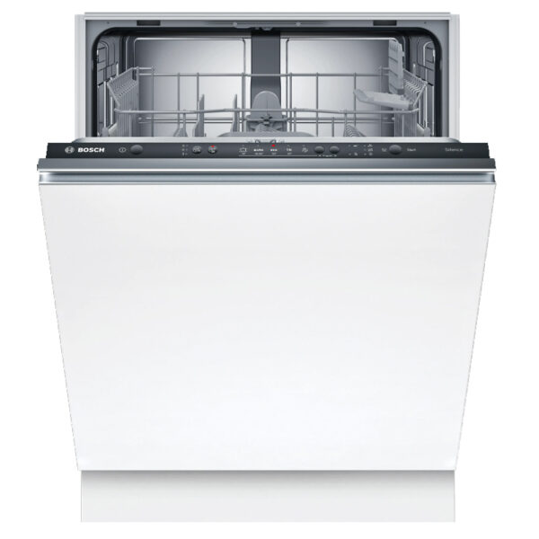 Fully-integrated 60 cm dishwasher with adjustable top basket, quiet operation, AquaStop, and energy-efficient design.