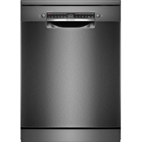 Free-standing 60 cm dishwasher in brushed black steel with anti-fingerprint finish, flexible loading, smart features, and ultra-quiet operation.