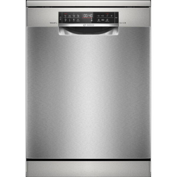 Free-standing 60 cm dishwasher in brushed steel with anti-fingerprint finish, energy-efficient, extra cleaning zone, and smart remote control.