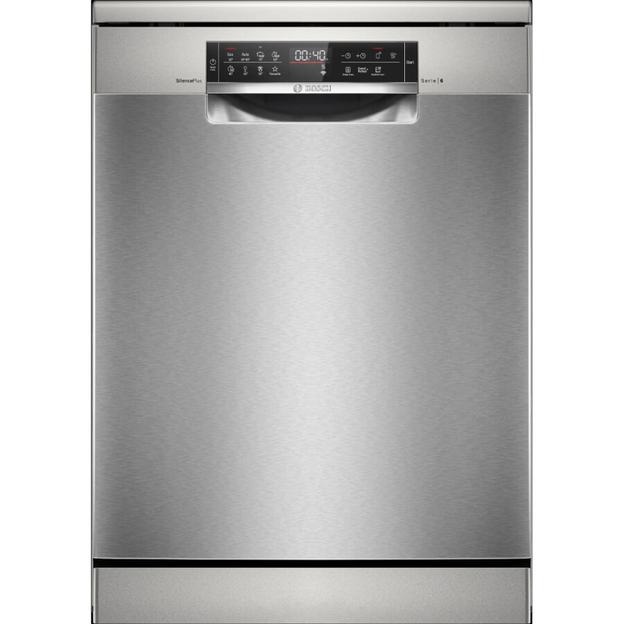 Free-standing 60 cm dishwasher in brushed steel with anti-fingerprint finish, energy-efficient, extra cleaning zone, and smart remote control.