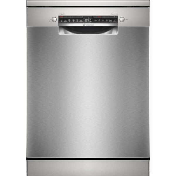 Freestanding 60 cm dishwasher in brushed steel with anti-fingerprint finish, PerfectDry technology, ultra-quiet operation, and smart features.