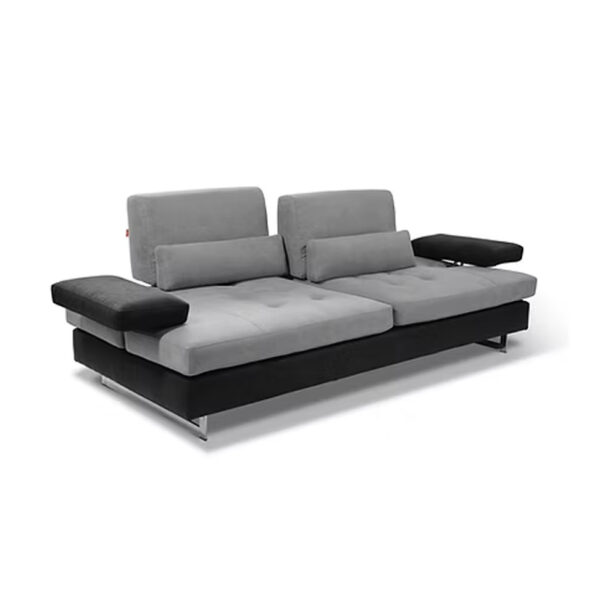 A contemporary Cloe Sofa featuring a two-tone design with grey and black upholstery, adjustable armrests, and sleek chrome legs.