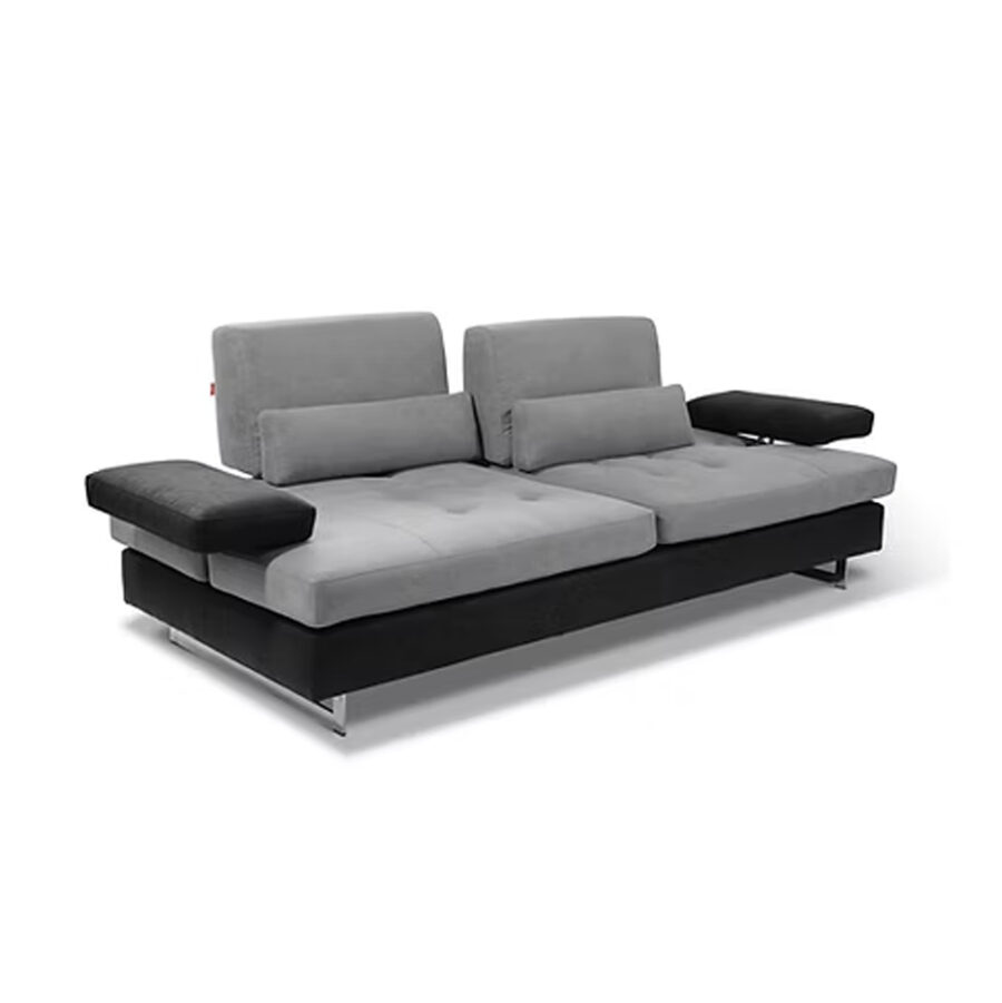 A contemporary Cloe Sofa featuring a two-tone design with grey and black upholstery, adjustable armrests, and sleek chrome legs.