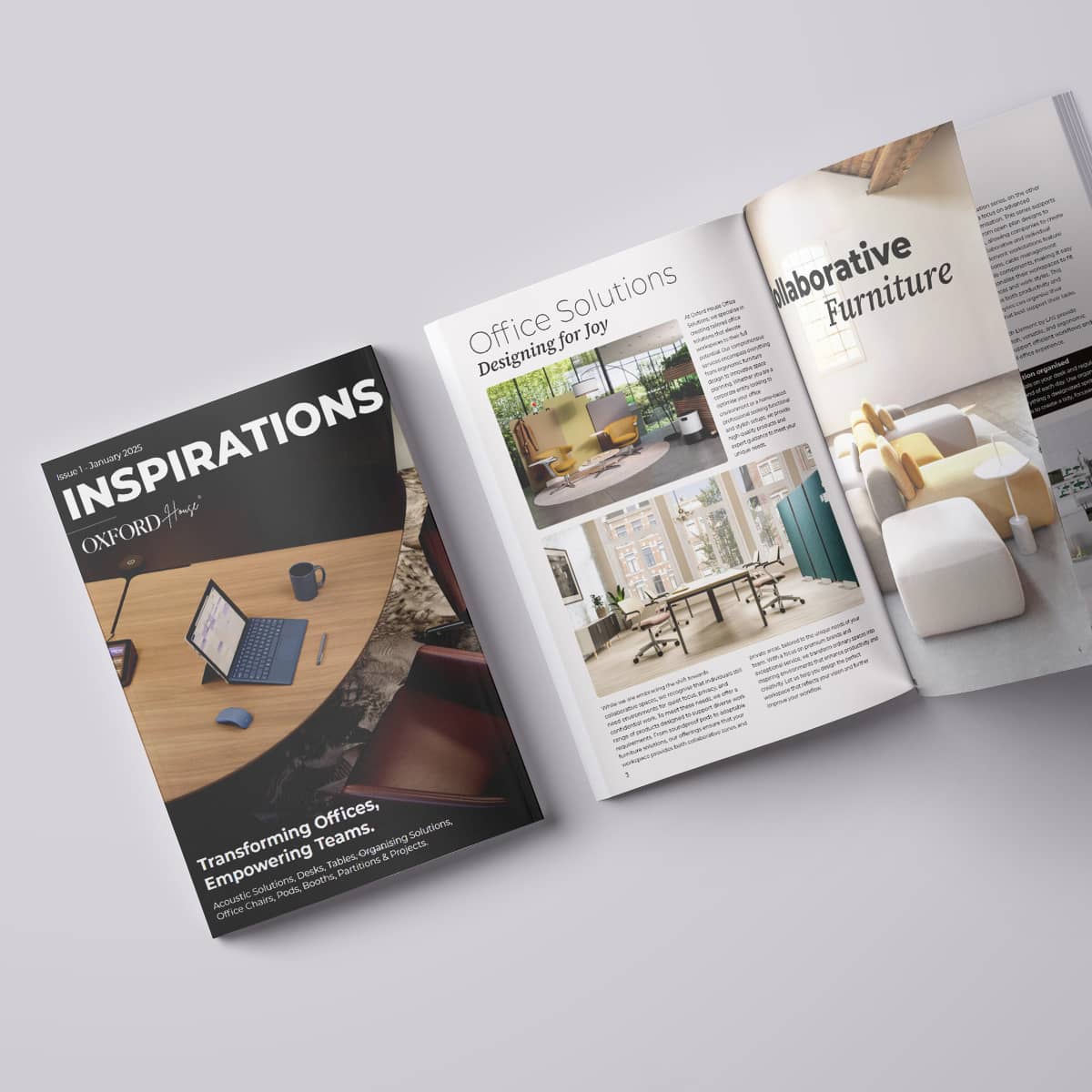 Cover of the 'Inspirations' magazine featuring office solutions by Oxford House Malta, showcasing acoustic solutions, desks, chairs, and more.