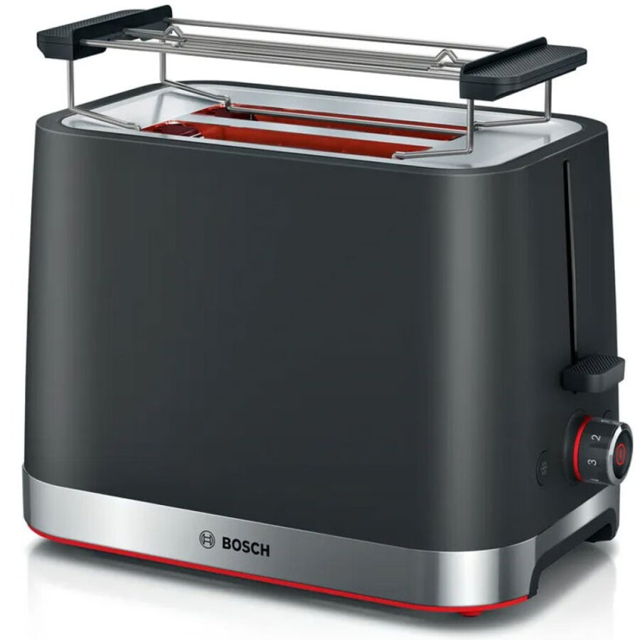 TAT4M223 black 2-slice toaster with a matte-glossy finish and foldable bun warmer.