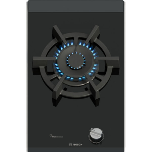 Bosch PRA3A6I10 30cm gas hob, black ceramic glass, FlameSelect, automatic ignition, single cast iron support.