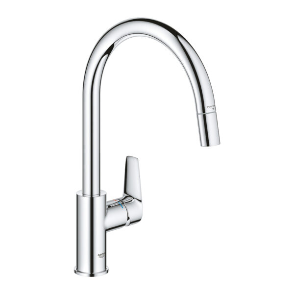 Grohe BauEdge 30536000 kitchen mixer with high tubular spout and pull-out mousseur spray in chrome finish, ideal for modern kitchens.