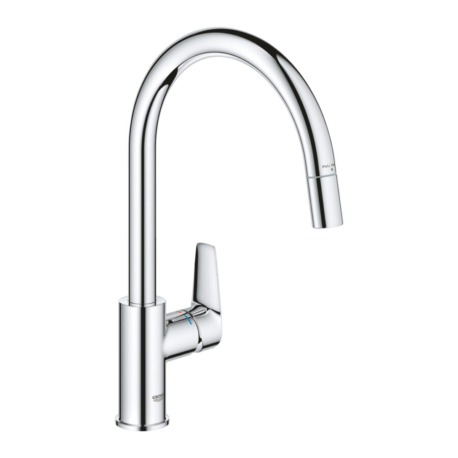 Grohe BauEdge 30536000 kitchen mixer with high tubular spout and pull-out mousseur spray in chrome finish, ideal for modern kitchens.