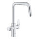 GROHE Blue Pure Eurosmart 30583000 kitchen faucet with high U-shaped swivel spout and dual handles for filtered and unfiltered water.