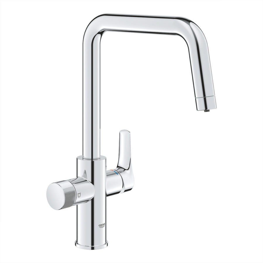 GROHE Blue Pure Eurosmart 30583000 kitchen faucet with high U-shaped swivel spout and dual handles for filtered and unfiltered water.