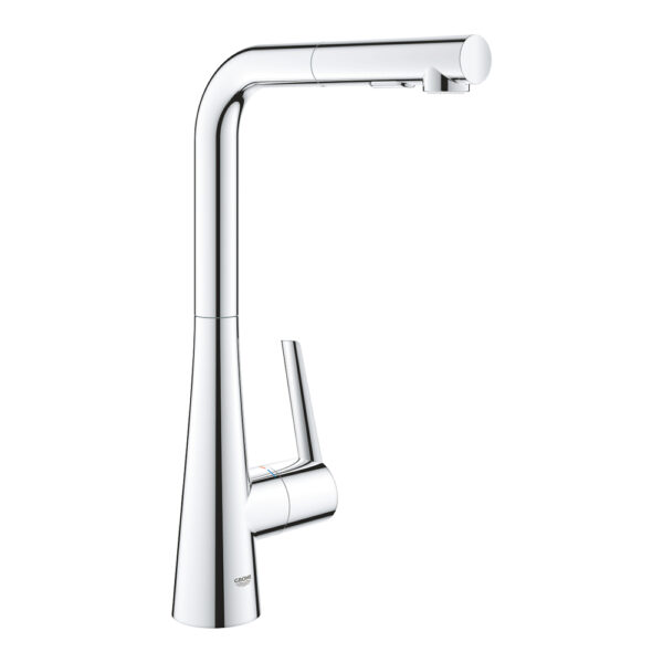 Grohe Zedra 32553002 single-lever kitchen mixer tap in chrome finish with pull-out dual spray head and high L-shaped swivel spout.