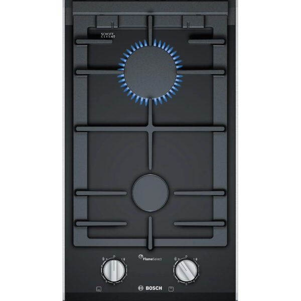 Bosch PRB3A6I40 30cm gas hob with black ceramic glass, FlameSelect, safety gas cut-off, and dishwasher-safe cast iron pan supports.