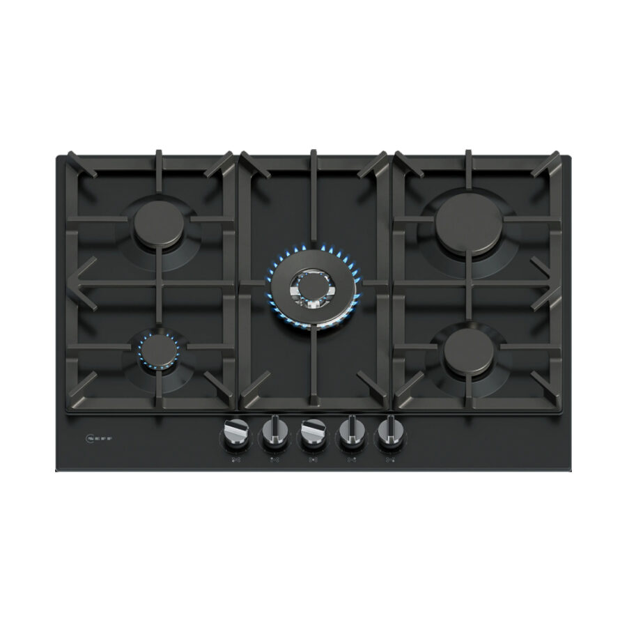 Neff T27CIQ8S0 90cm gas hob with FlameSelect, 5 burners including wok burner, black ceramic glass, and cast iron pan supports